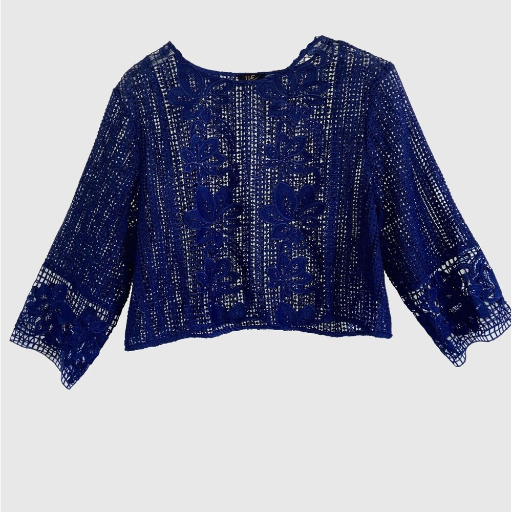 ILE NEW YORK  Dark Blue Lace Embroidered Knit Cardigan Shrug Bolero Over Top